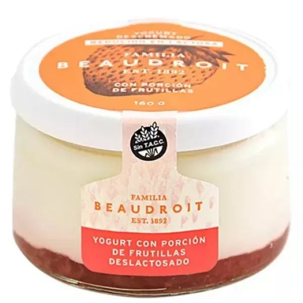 Yogur Deslactosado Descremado Natural Con Frutilla Sin Azucar 160 Grs Familia Beaudroit